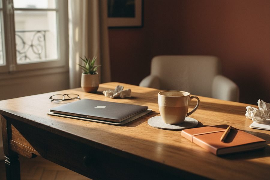 Un bureau en fin de journée, ordinateur fermé